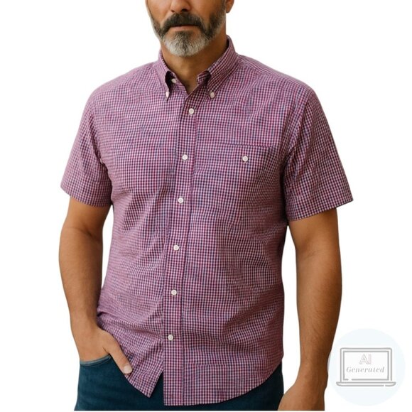 Orvis Mens Shirt Red Blue Check Short Sleeve Button Down Cotton Poplin Size L - Picture 1 of 14